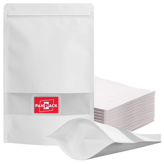 PLAIN POUCHES WHITE KRAFT PAPER STANDY ZIPPER WITH RECTANGLE WINDOW