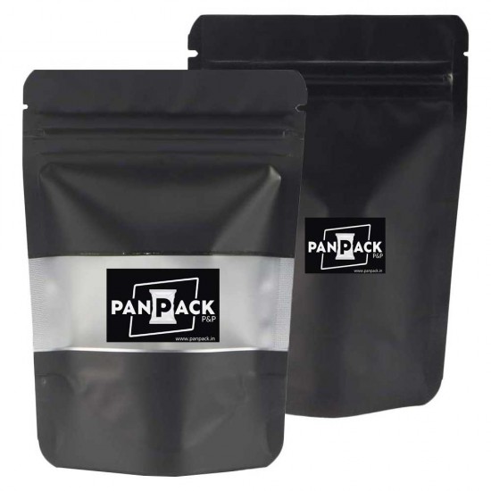 MATT COLORED PLAIN POUCHES STANDY ZIPPER WITH RECTANGLE WINDOW BLACK